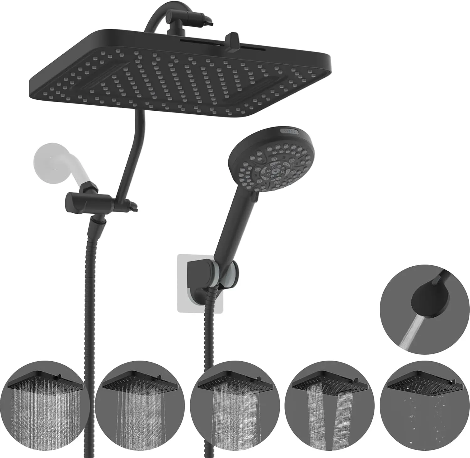 

High-Pressure Dual Shower Head Combo with 10-Mode Handheld, Rainfall Spray, Adjustable Arm, Hose, Holder in Matte Black