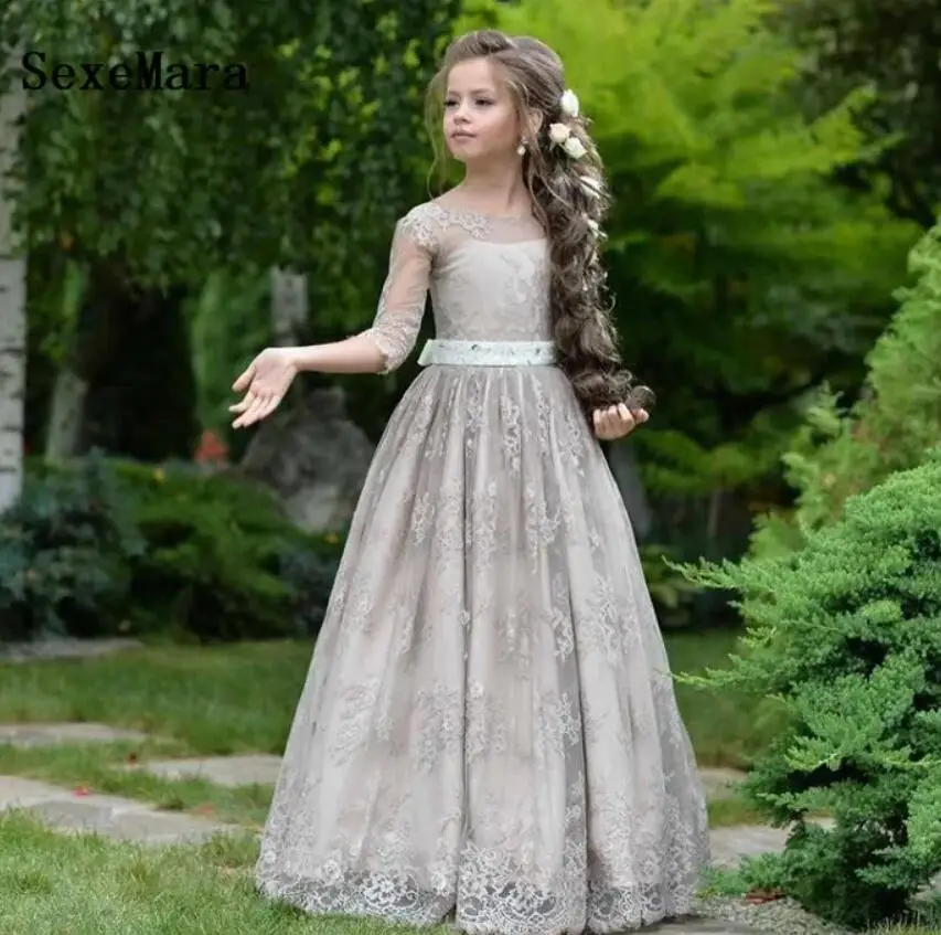 

Gray Flower Girl Dresses for Wedding Lace Princess A Line Long Sleeves Pageant Party Gown For Kids Birthday Gown