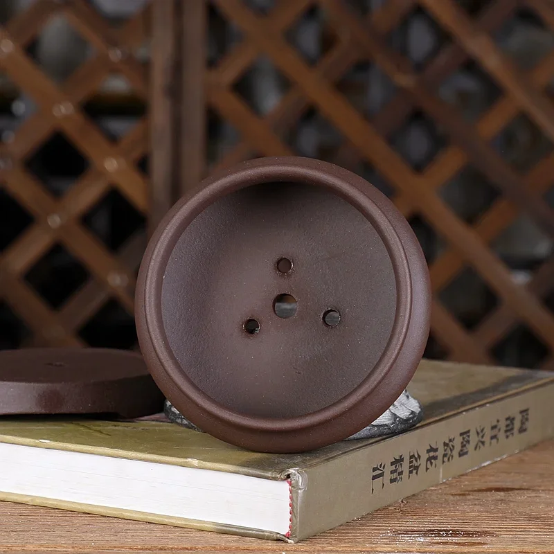 Purple Sand Ceramic Circle Bonsai Pot,Small Vase,With Base,Nature Color,Tradition Chinese Shape,Garden Home Table Decoration