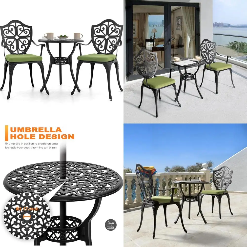 طقم بيسترو خارجي مكون من 3 قطع مبطن، طاولة مستديرة من الألومنيوم المصبوب، فتحة مظلة، كرسيين، أثاث الفناء