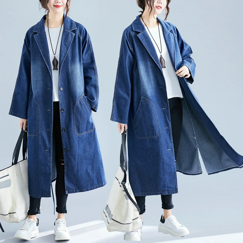 

SuperAen Korean Style Pocket Denim Jacket Women's Autumn New Solid Color Notched Single-breasted Casual Long Jackets