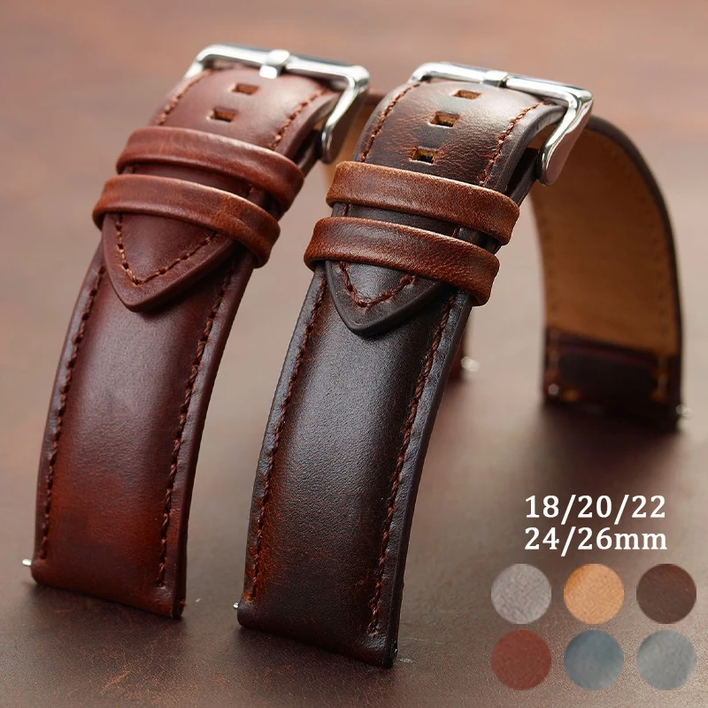 Genuine Leather Band 18mm 20mm 22mm 24mm 26mm Vintage Cowhide Watch Strap Quick Release Bracelet Universal Smartwatch Wristband