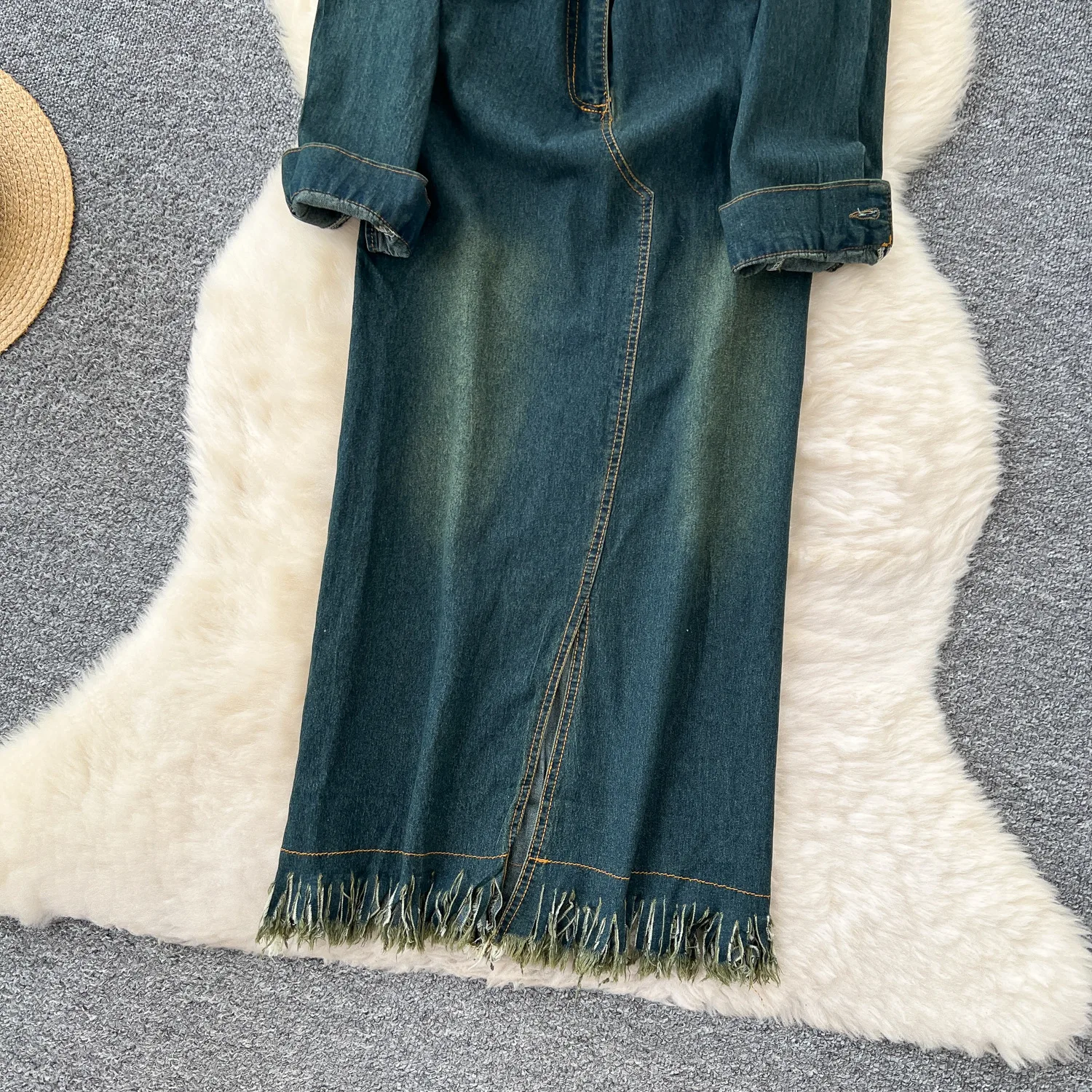 Women Denim Dresses Maxi Long Dress Tassel Turn Down Collar Long Sleeve Single Breasted Straight Office Lady Casual 2025 Autumn