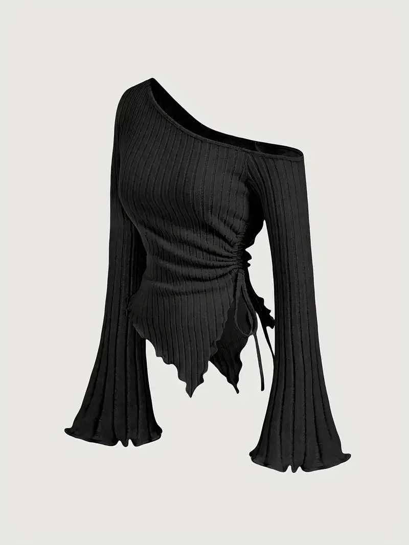 New Women'S Sexy Off Shoulder Cross Long Sleeved Slim T-Shirt Casual Street Style Asymmetrical Elegant T-Shirt Flare Sleeve Top