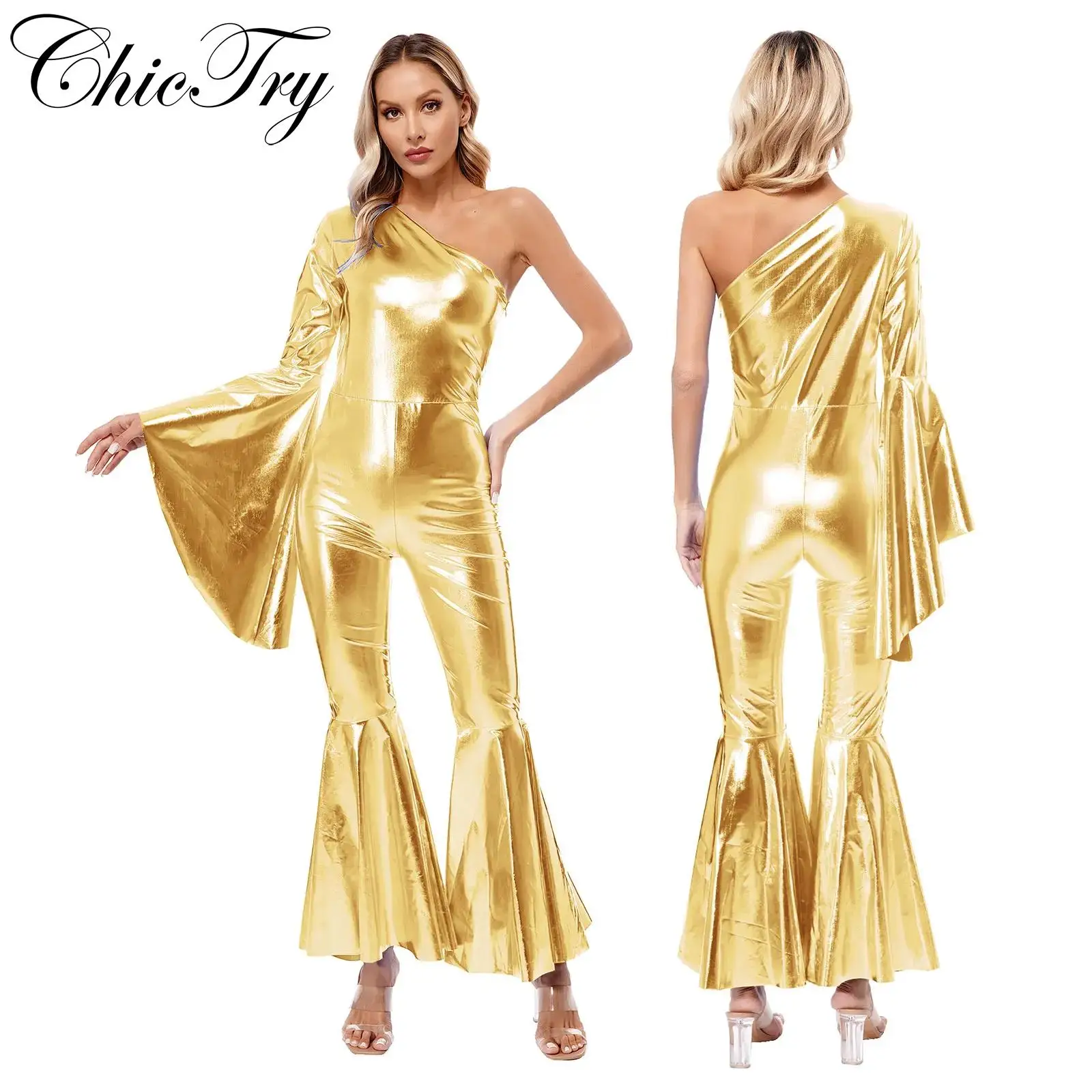 

ChicTry Women's One Shoulder 70s Disco Dance Jumpsuit Metallic Shiny Flare Bell Bottom Pants Outfits Carnival Stage Dress Up