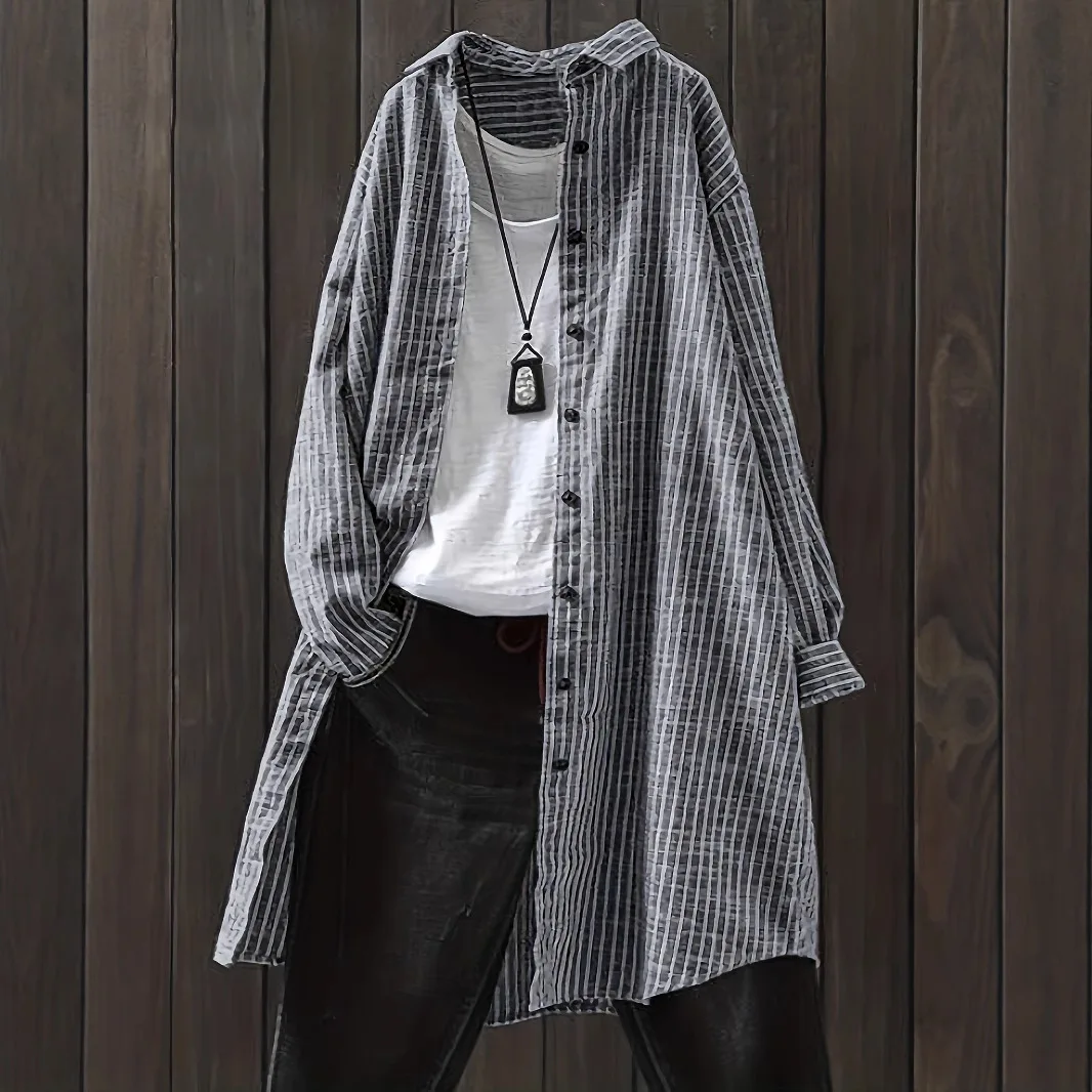 2025 New Women's Cotton and Linen Striped Shirt with Long Sleeves