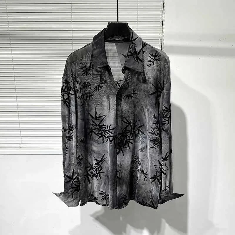 Stylish Dark Series Hollow Out Shirt for Men Spring Summer  Thin Fabric Trendy Printed Long Sleeve Casual Shirt