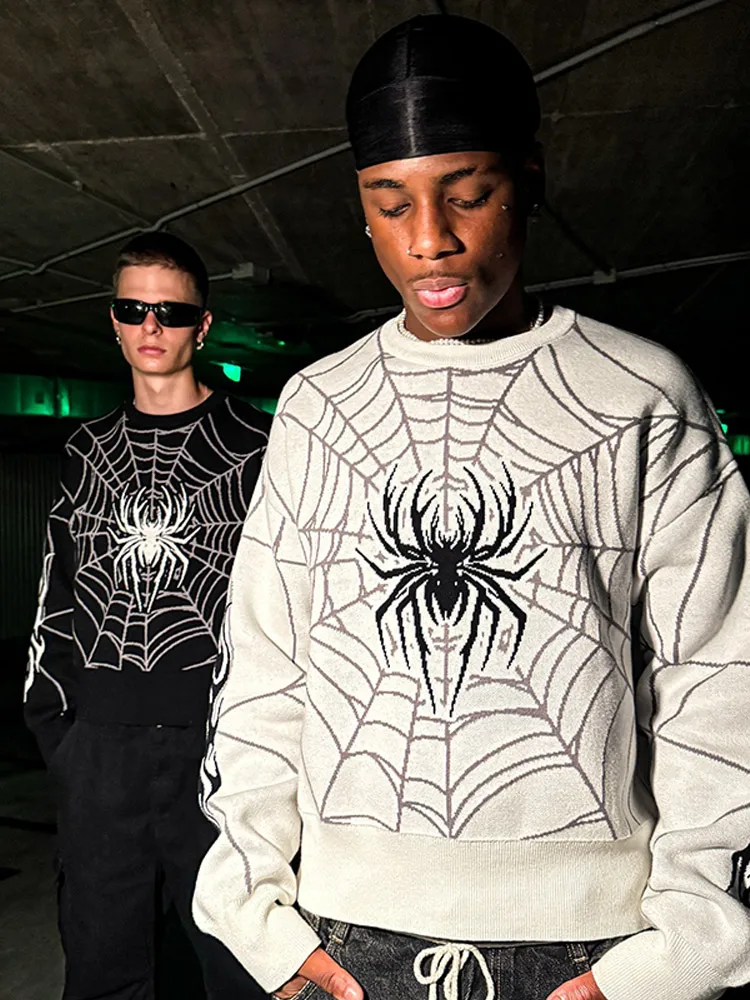 Fashion Punk Spider Web Jacquard Warm Sweater Men's O Neck Long Sleeve Knitted Pullover Street Hip Pop Autumn Winter Knit Jumper