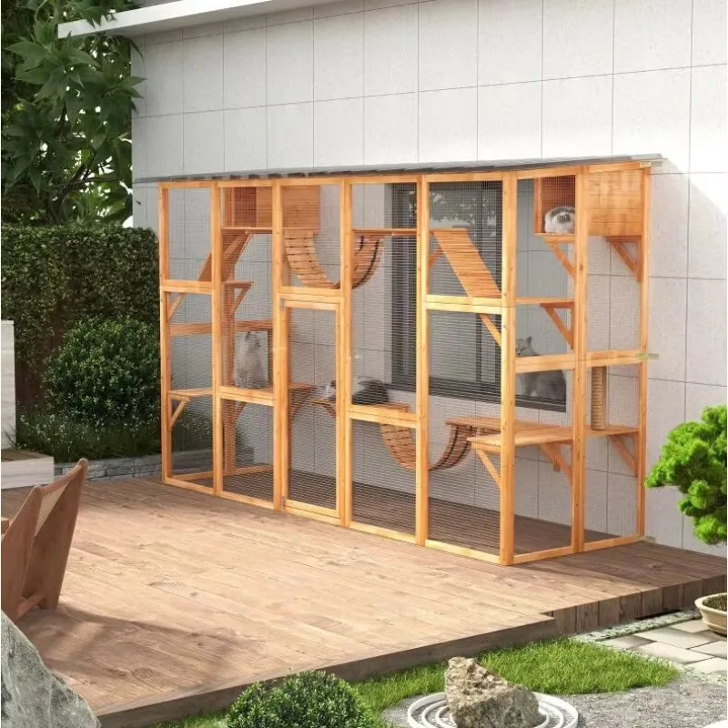 

Catio Solid Pattern Wooden Outdoor Cat House with Weather Protection Roof Multiple Enclosure Cat Window Box Cat Playground