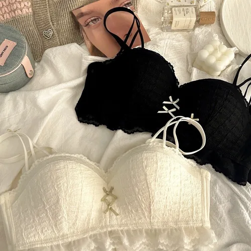 Sujetador de encaje sin aros sin costuras, pechos pequeños, realce de una pieza, cierre trasero Sexy, ropa interior con tres ganchos y ojos, copa para mujer