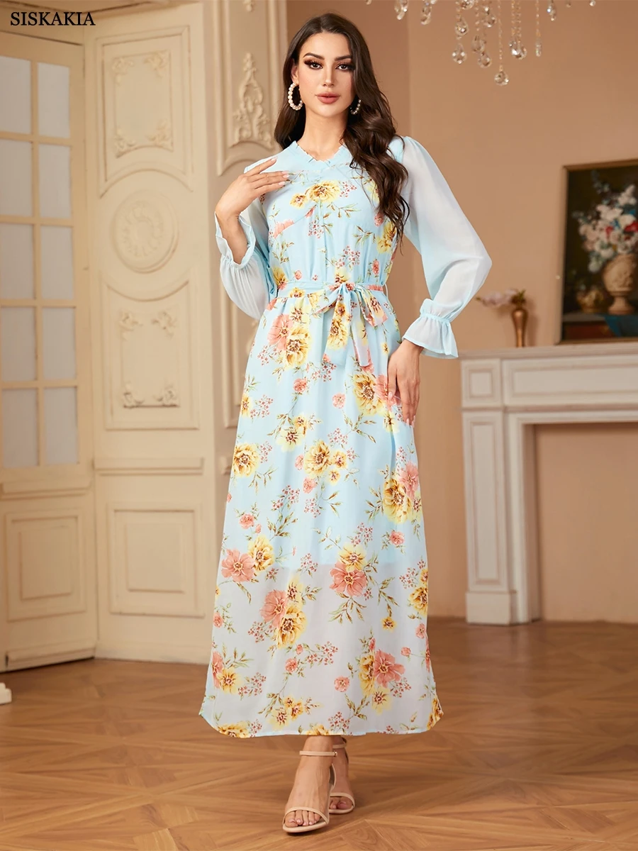 Siskakia Kaftan Abaya Dubai Floral Print Long Sleeve V-Neck Casual Loose Elegant Casual Dress with Belt Kaftan Islam Dress