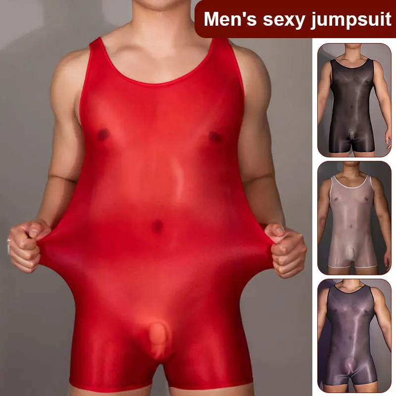 Mens Sexy Sissy Bodysuit Glossy Oil Shiny Jumpsuit Stretchy Sexy Sheer Lingerie See Through Briefs Breathable Erotic Underwear