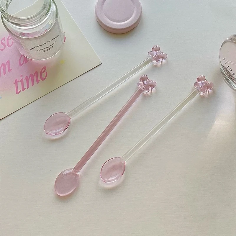 Long Handle Pink Bow Glass Coffee Spoon for Dessert and Milk Tea Stirring Elegant Table Party Decor
