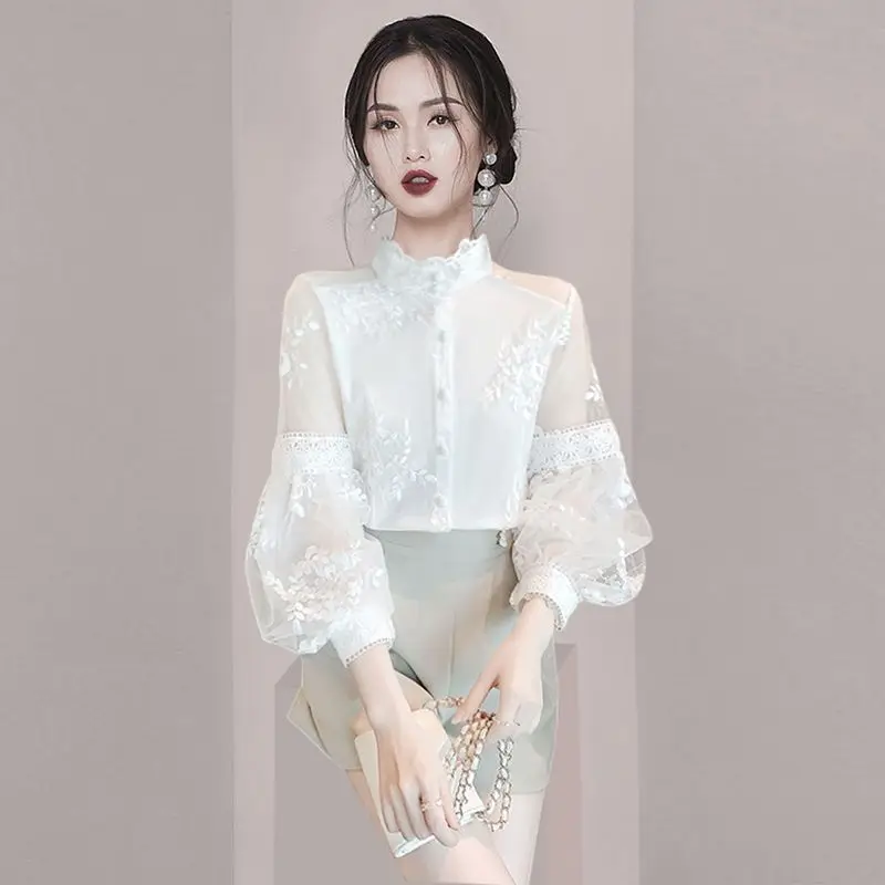 Elegant Stand Collar Gauze Embroidery Puff Sleeve Shirts Women\'s Clothing 2024 Summer New Loose Korean Tops Office Lady Blouses