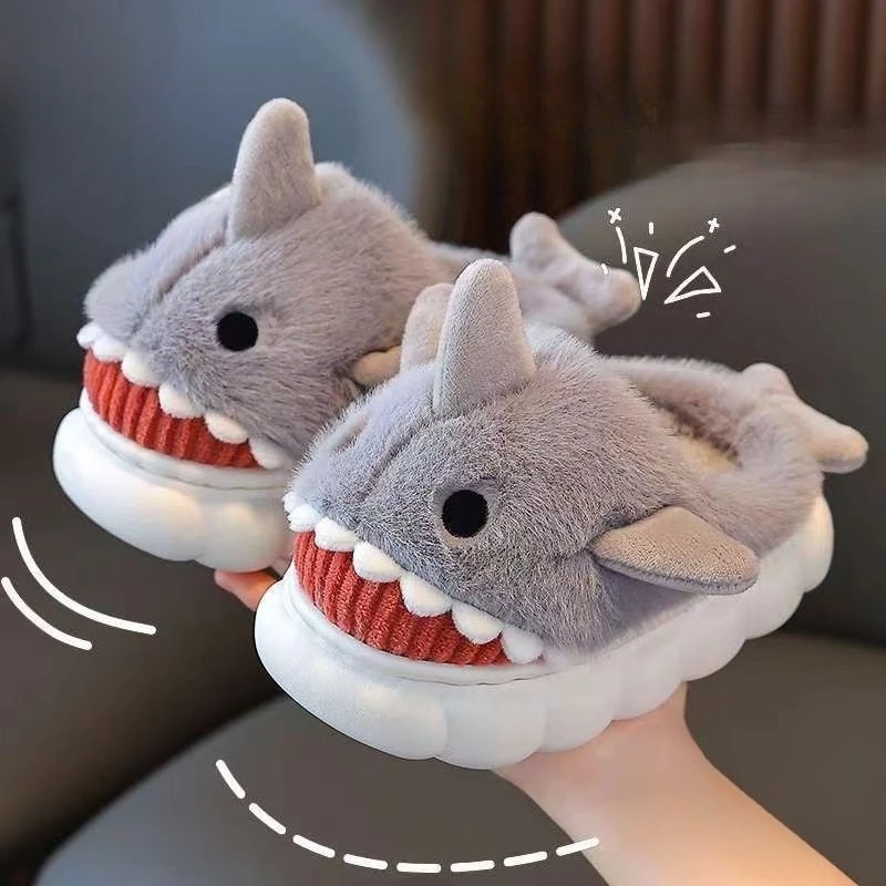 

Kids Shark Style Cotton Slippers Unisex Indoor Non Slip Winter House Shoes for Boys and Girls Cute Cartoon Design Home Slipper
