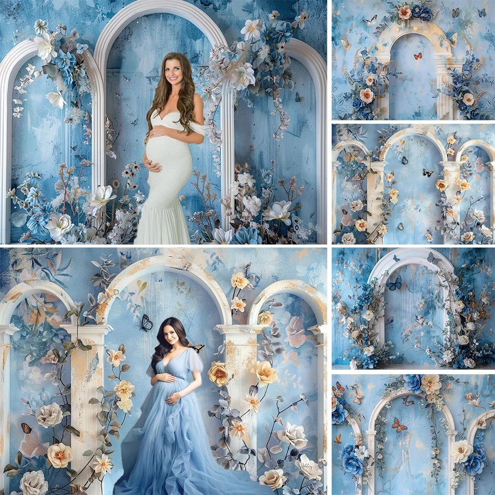 

Wedding Photography Background White Arched Flower Door Light Blue Retro Wall Backdrop Pregnant Woman Baby Show Photo Studio