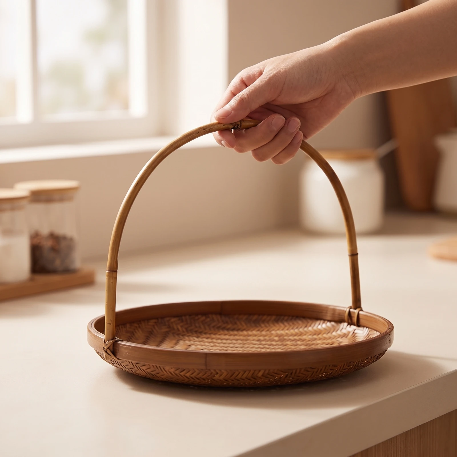 Bamboo Basket with Handle Handwoven Bamboo Basket Tray Decorative Lightweight for Hosts, Tea Service, Tabletop Display