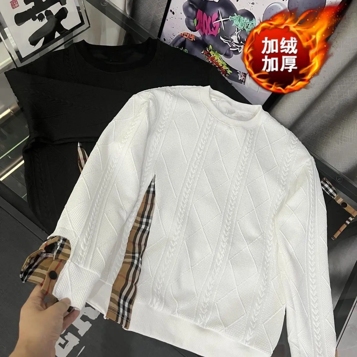 Crew neck sweater top autumn and winter fleece pullover loose plaid long sleeves