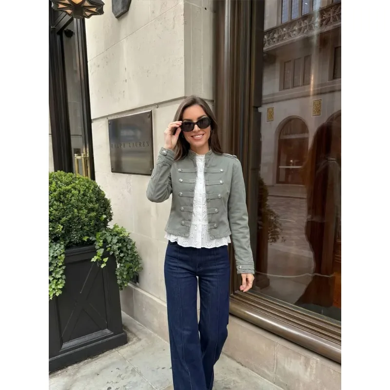Fanan Women Double Breasted Green Denim Jackets Stand Collar Long Sleeve Slim Cropped Coat Female Spring Fashion Streetwear Top