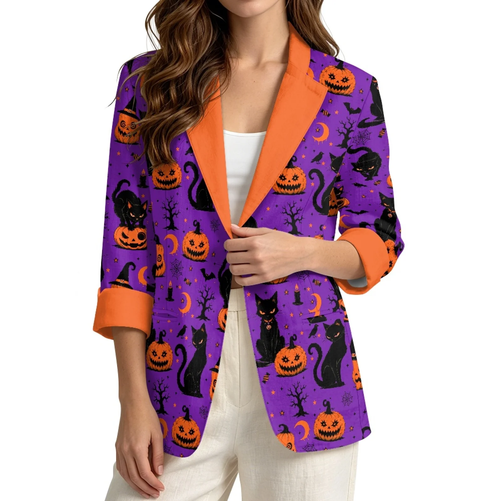 PENSTROLL Lightweight Linen Style Layering Piece Open Front Beach Cover Ups for Resort Wear Halloween Pumpkin Black Cat