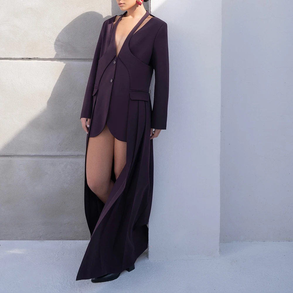 TWOTWINSTYLE Solid Irregular Hem Chic Long Blazer For Women V Neck Long Sleeve Patchwork Button Temperament Overcoats Female New