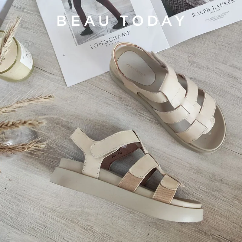 Beautoday Sandals Women Genuine Cow Leather Open Toe Solid Color Ankle Strap Platform Flats Casual Ladies Shoes Handmade 34560