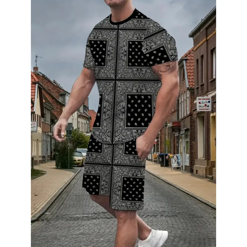 2025 Summer Street Men's Casual Sports Set Fashion Super Large 3D Printed T-shirt Shorts 2-piece Se