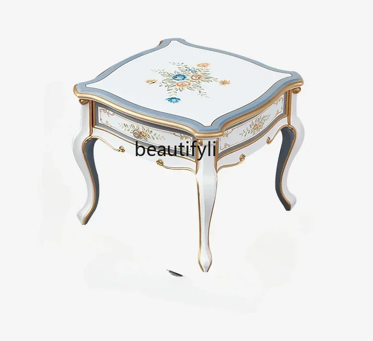 

European light luxury corner table, all solid wood French living room sofa square table, carved, white simple