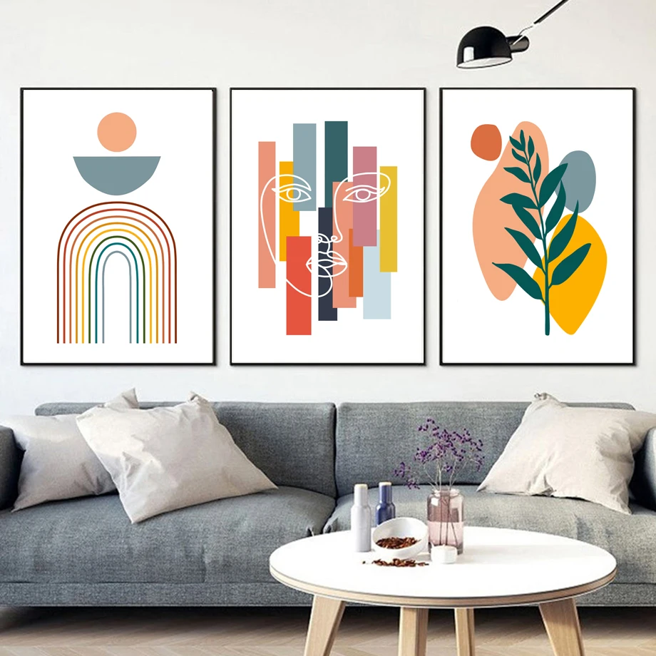

Modern Abstract Geometric Wall Art Canvas - Face Leaf Rainbow Sun Design Nordic Living Room Decor Poster Picture