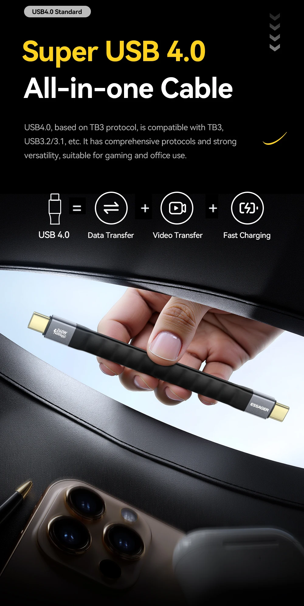 Essager USB 4.0 Typ-C-Kabel, 40 Gbit/s, Datenübertragung und 8 K bei 60 Hz, Video, 240 W PD, schnelles Aufladen für MacBook, iPhone, Laptop, mobile Festplatte – Detail 3