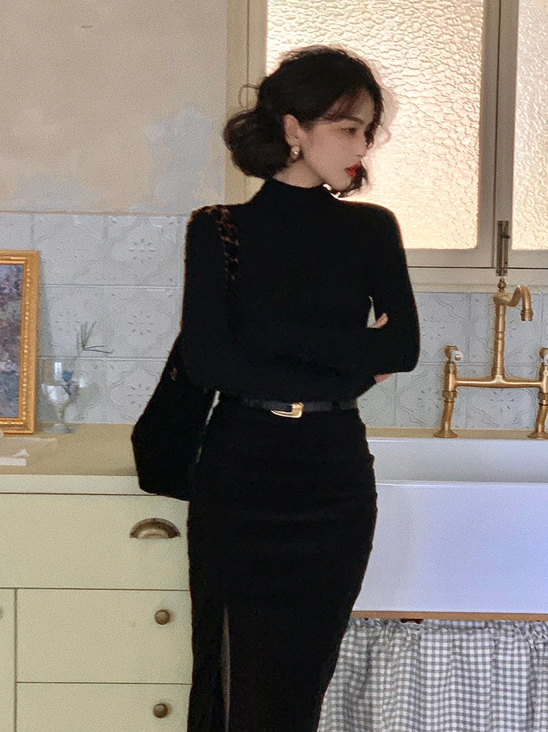 

Вязаный свитер с высоким воротником и эффектом похудения, женская базовая кофта, верхняя одежда, осенне-зимняя одежда в стиле ретро, винтаж в стиле Гонконга