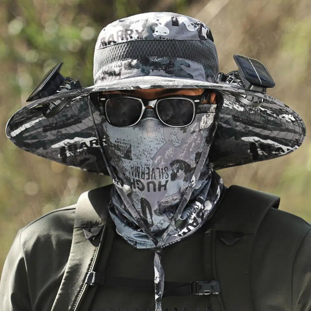 

Outdoor Solar Fan Hat UPF 50+ Sun Protection w/Dual Fans Adjustable Wide Brim Fan Hat for Men/Women Hiking Camping Anti-UV Cap