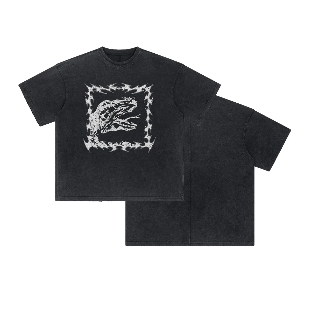 26SS Men's Vintage Washed T-Shirt Brand Design Cotton Oversized Snake Head Graphic Print Short Sleeve Tee Streetwear Punk Tops
