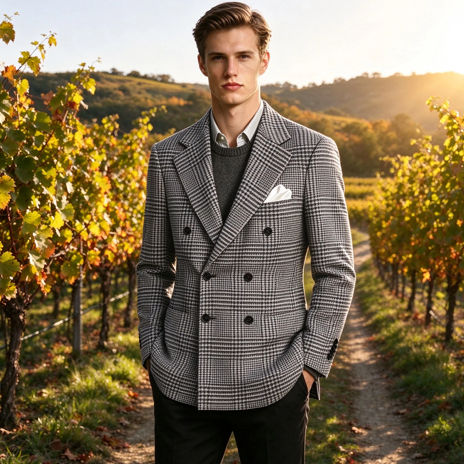 Men's Double Breasted Glen Plaid Blazer Houndstooth Check Slim Fit Suit Jacket Peak Lapel Formal Business Casual Wedding Coat