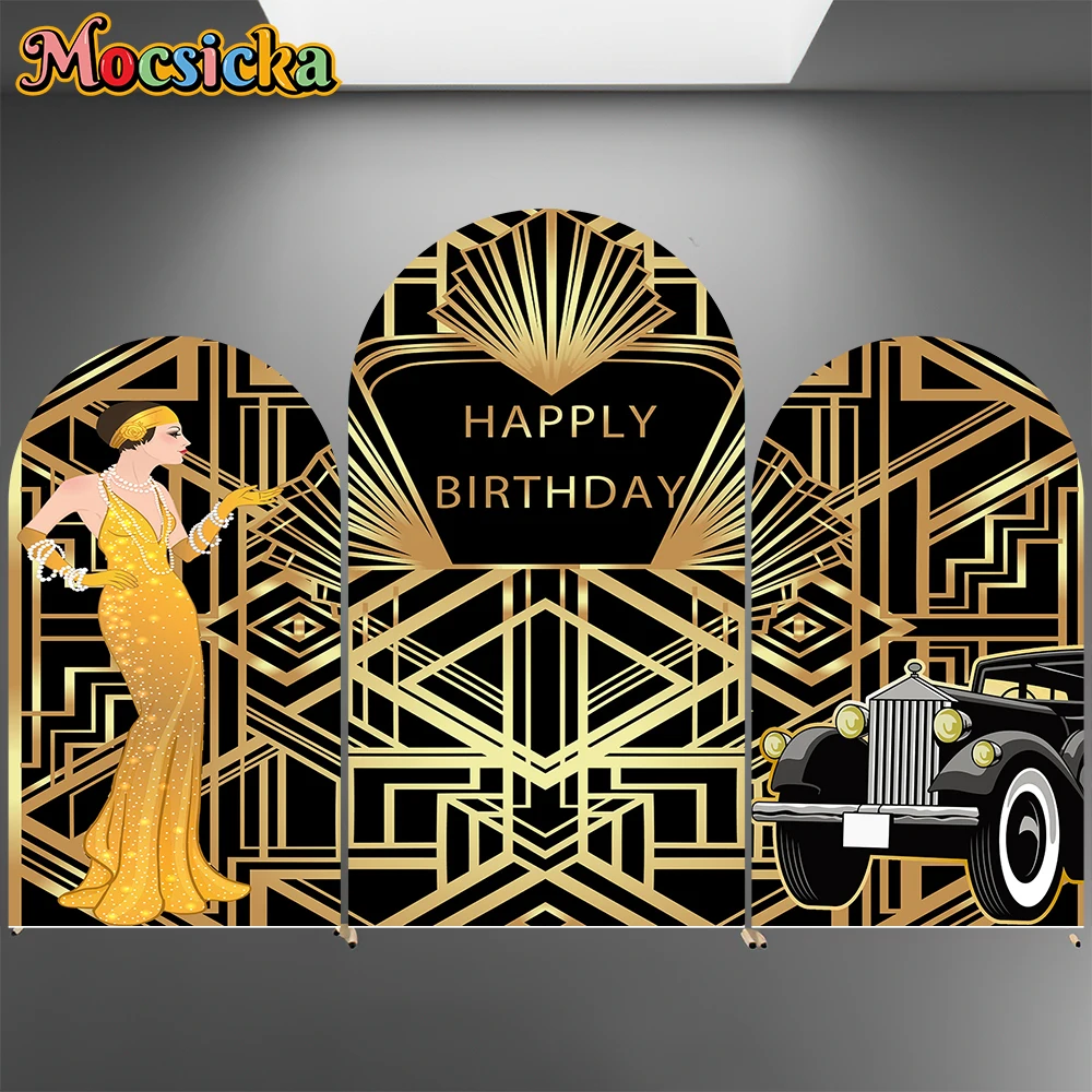 

Mocsicka Happy Birthday Arch Backdrop Covers Elastic Double-Faced Black Gold Bohemia Arched Background Girl Lady Car Party Decor