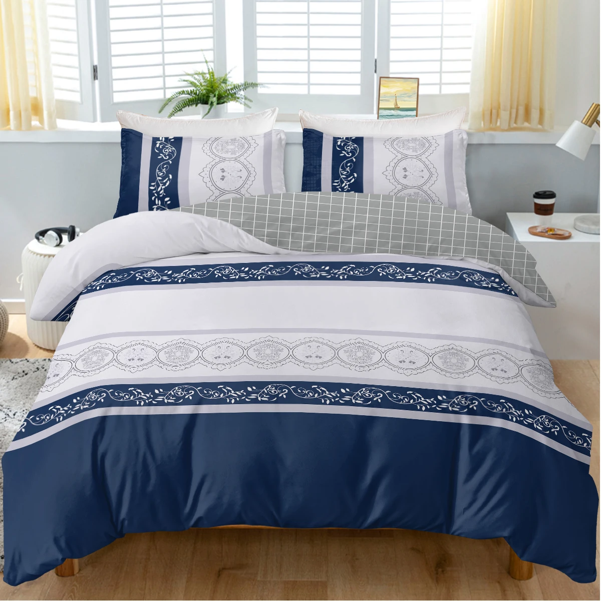 3pc Blue and White Design Bedding Set Elegant Flowers Printed Quilt Cover with Zipper Closure 1 Duvet Cover and 2 Pillowcases