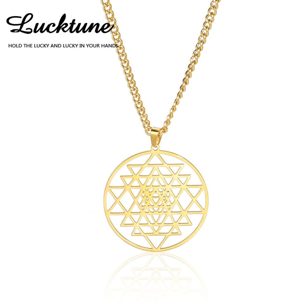 Lucktune Buddhism Sri Yantra Symbol Pendant Necklace Stainless Steel Hindu Chakra Amulet Necklace for Men Vintage Jewelry Gift