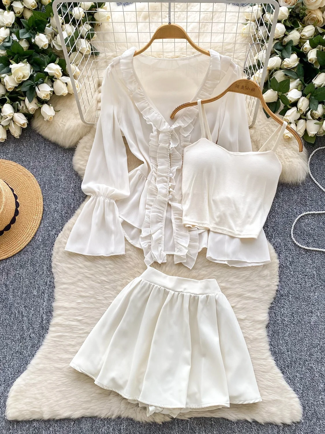 

Retro Sle Set with ter Ne Vest Lantern Sve irt And High Waist Chic f Skirt Women's Faion Ensemble Autumn Wear