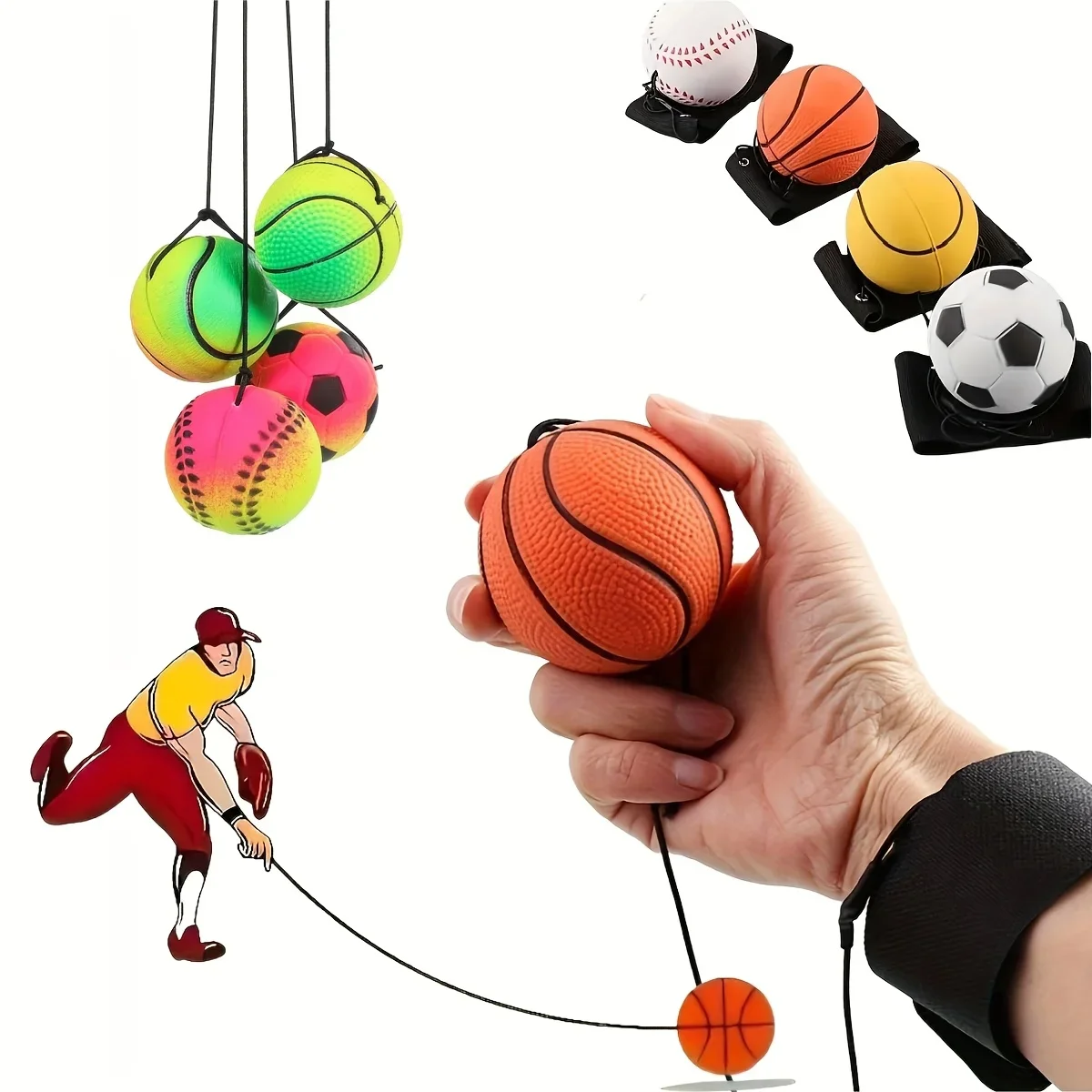 Basketball Wrist Bouncing Ball, High Elasticity Hand Throw Training Ball, Wristband Kit, Outdoor Activity Props
