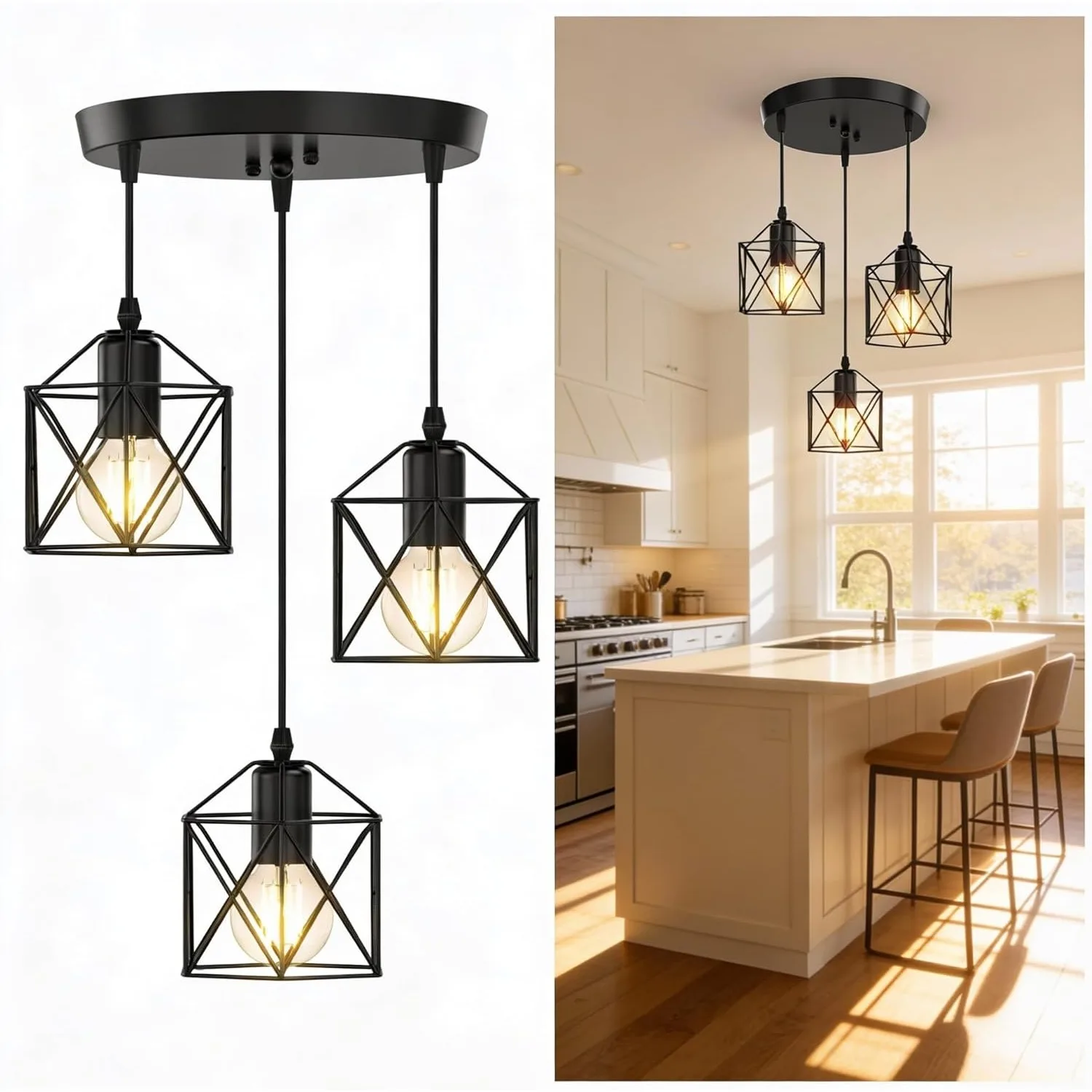 

JOYINLED Matte Black Adjustable Cage Chandelier 3-Light E26/E27 Farmhouse Pendant Light Industrial Hanging Ceiling Light Fixture