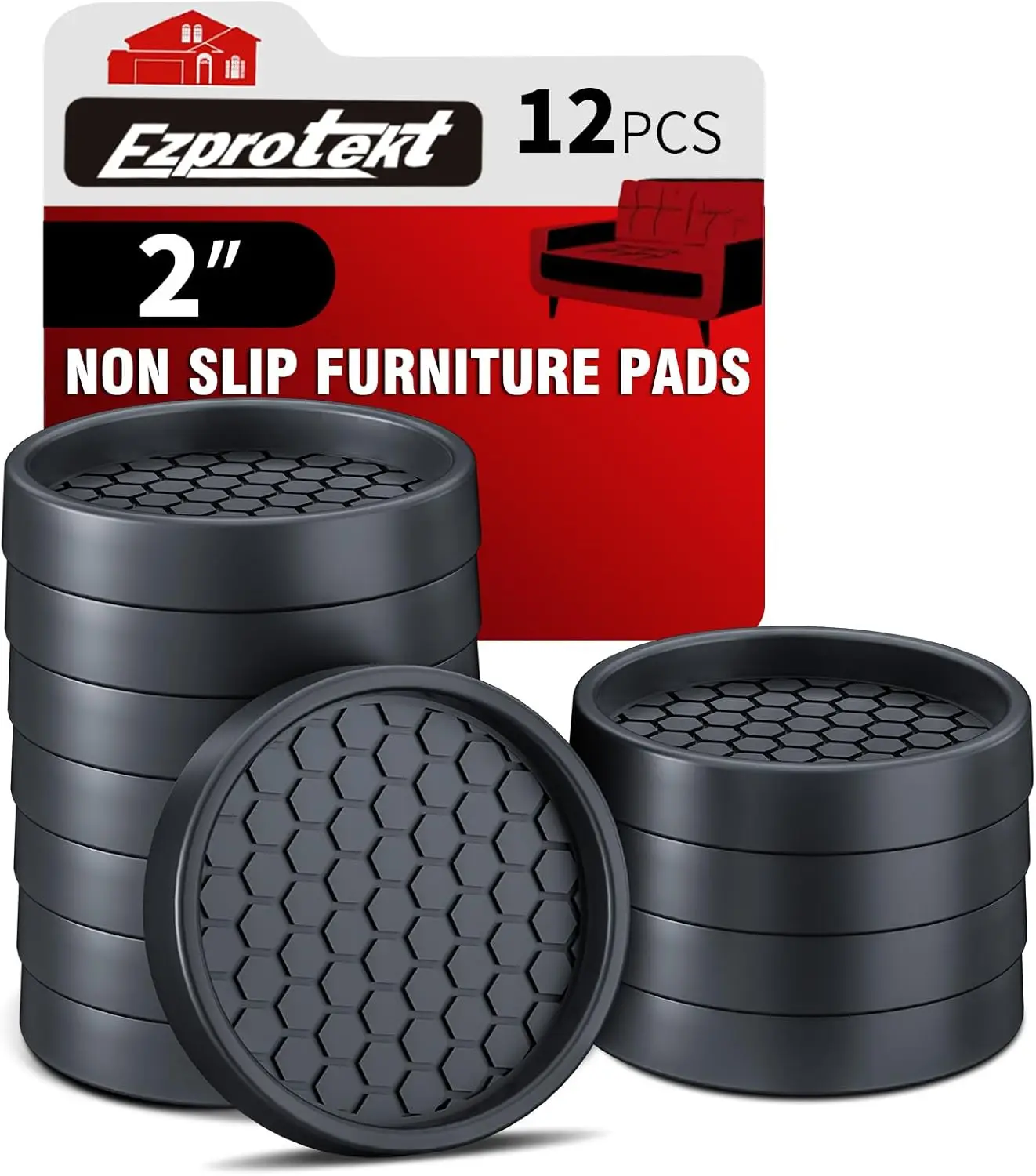 

Non Slip Furniture Pads, 12 Pcs 2" Anti Skid Rubber Caster Cups for Hardwood Floors, Bed Couch Stopper