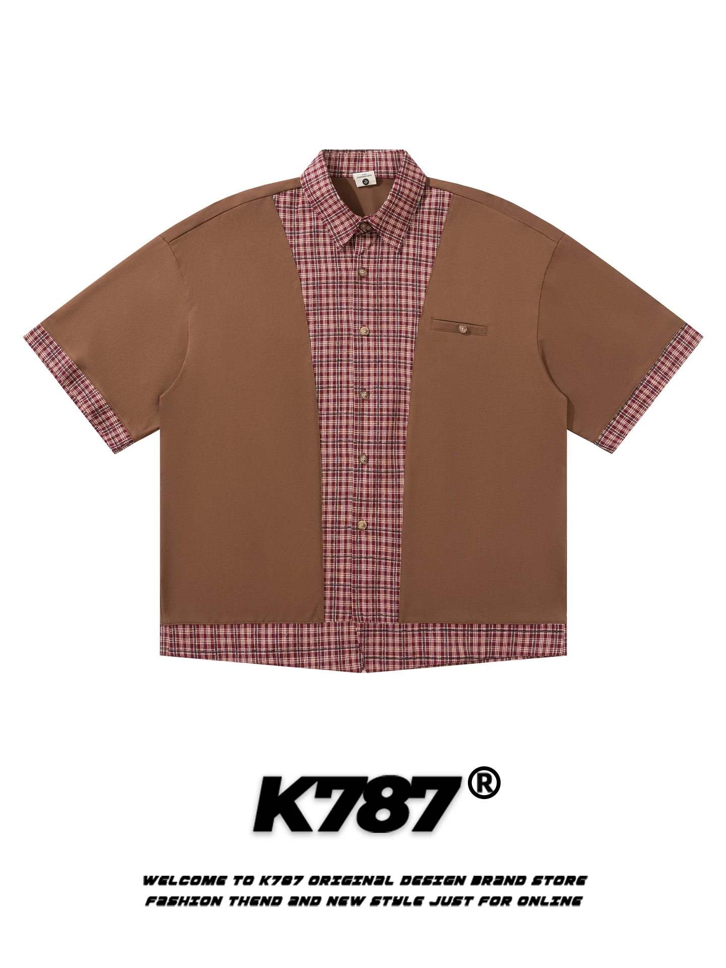

K787 American Retro Plaid Splicing Short Sleeve Loose Street Style Shirt Unisex Casual Fashion Cotton Autumn Top Coat