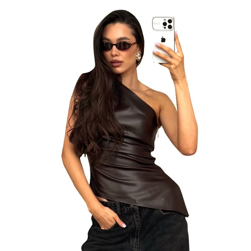 European and American Women' Clothing Single Shoulder Sleeveless Vest New Solid Color Slim-fitting Diagonal Neck Zipper Slim Top