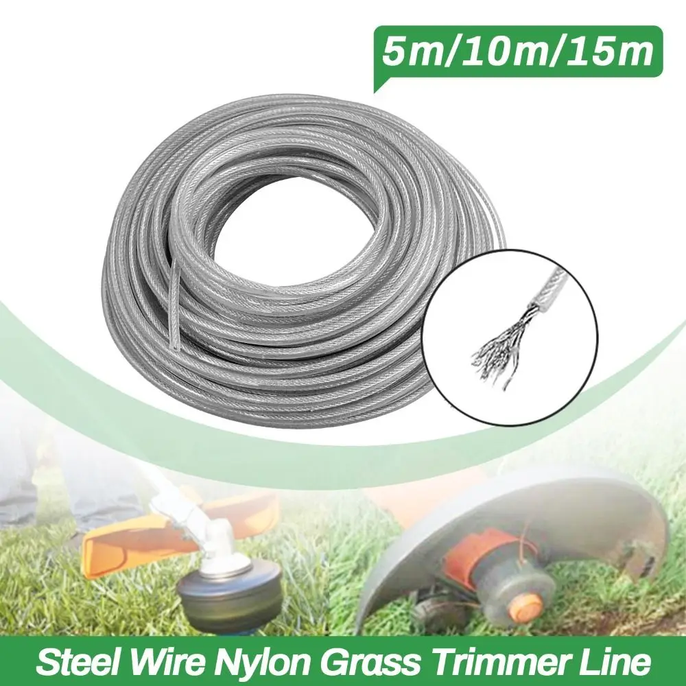 5m/10m/15m*2mm/2.4mm/2.7mm/3mm/3.3mm Grass Trimmer Line Round Shape Nylon and Steel Wire Brush Cutter Rope Sharp Cutting Edge