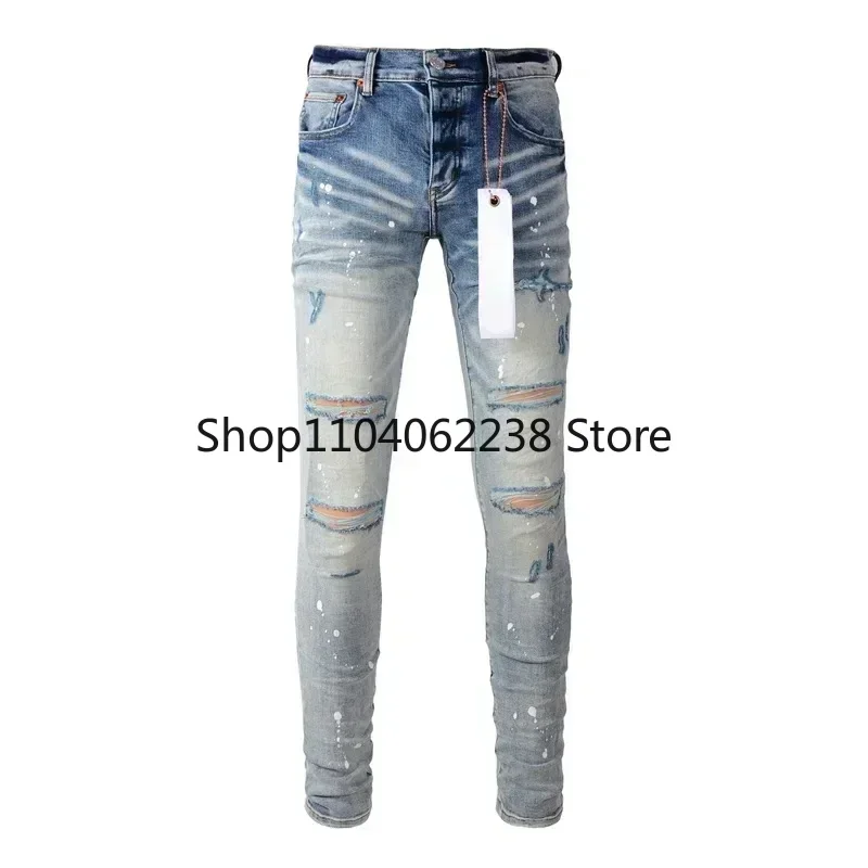 

New Purples Man jeans brands high street blue ripped distressed fashion repair low rise skinny denim trousers pants