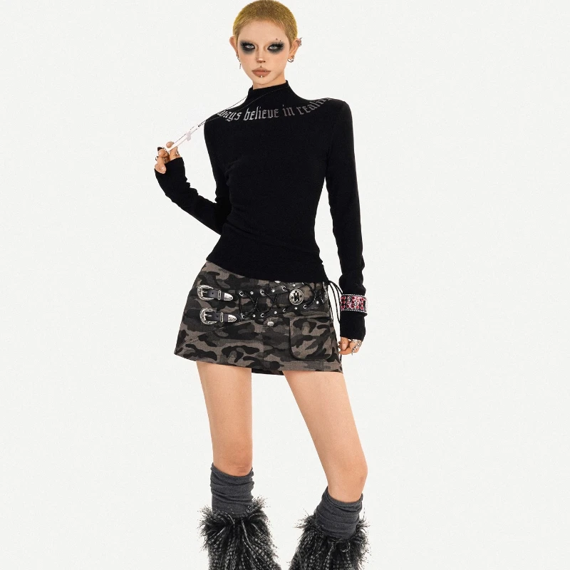 الأمريكية التخسيس الجولة الرقبة طويلة الأكمام المرأة تي شيرت 2025 الخريف الوقوف طوق إلكتروني تصميم تنوعا قاع قميص السيدات