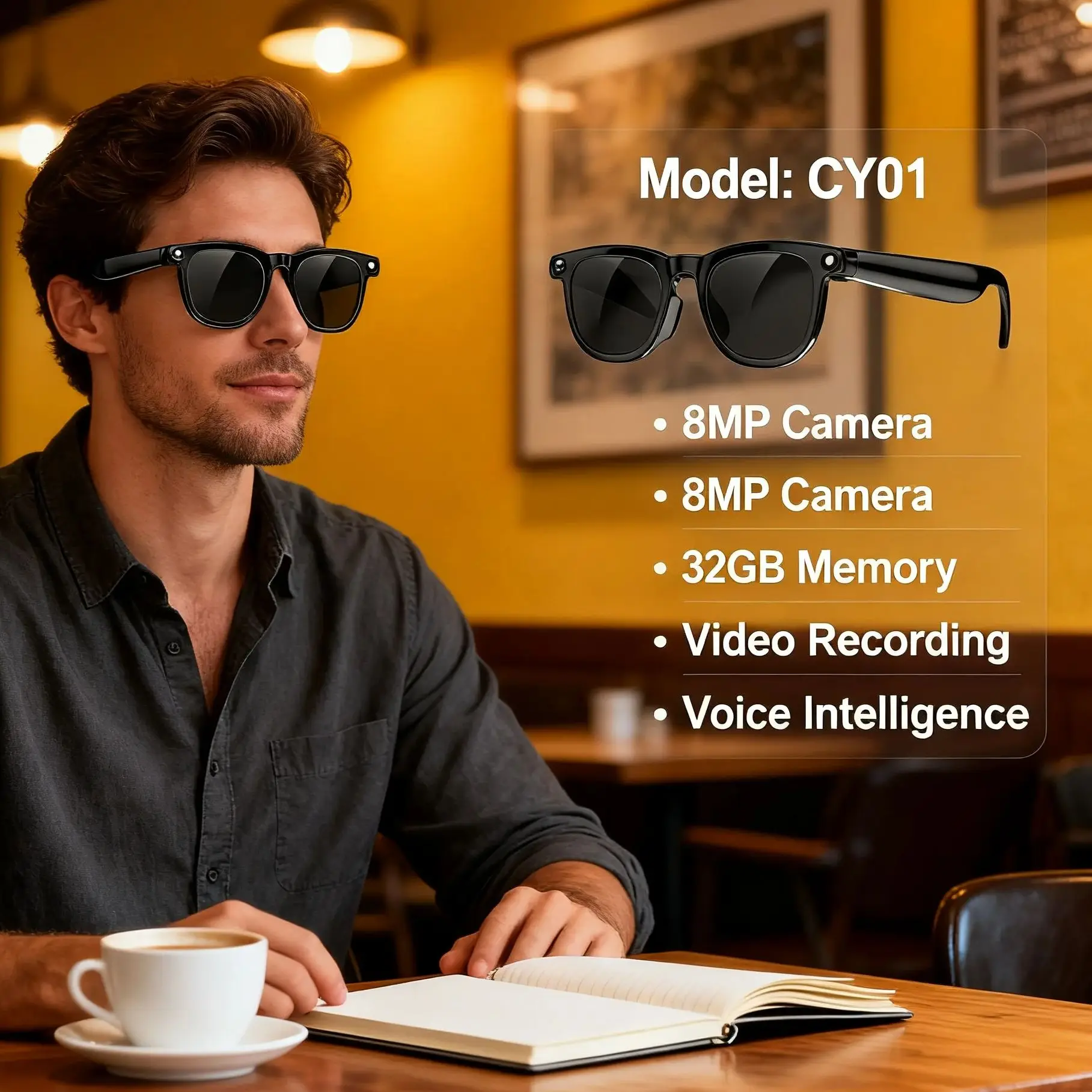 

CY01 Модель умных очков 32 ГБ Память 8 МП Камера Bluetooth Вызовы Голос Пробуждение Музыка Видео ЧатGPT DeepSeek AI