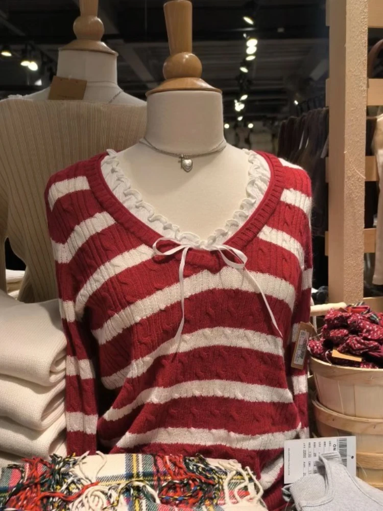 

Осень-зима, милый винтажный кружевной свитер с бантом, женский французский элегантный модный полосатый свитер Y2k, пуловер в стиле Харадзюку, новый