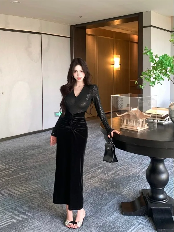 Velluto con paillettes Patchwork V-Ne Lungo Sve Donna Dr Autunno Inverno Vita alta Aderente Dr Ele Gonna aderente