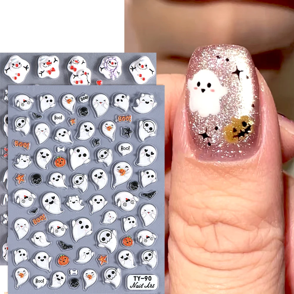 

2pcs 5D Halloween Ghost Nail Stickers Pumpkin Nail Silder Snowflakes Nail Decals for Christmas Nail Supplies Manicure Decoration